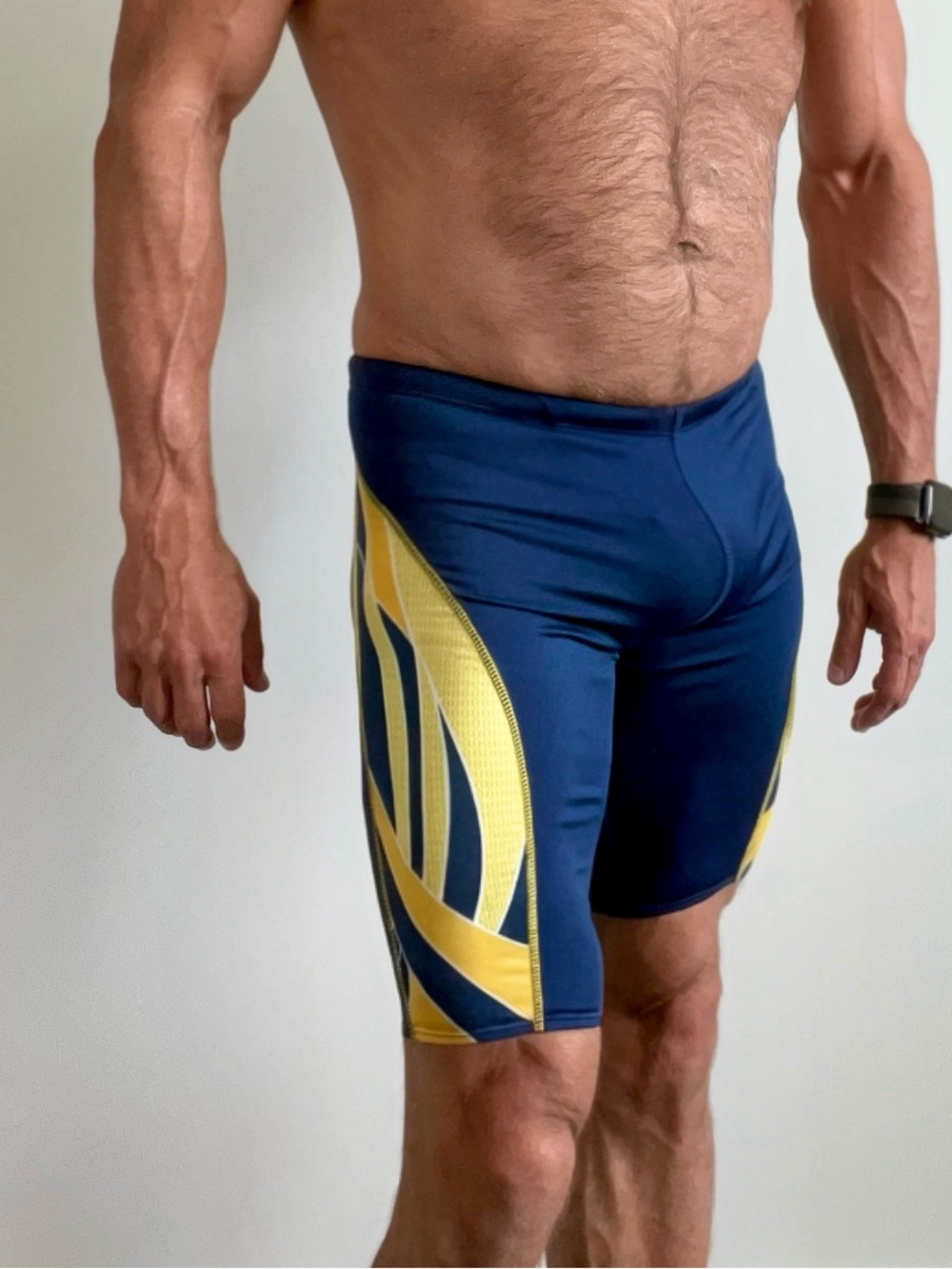 Men's Navy and Yellow Athletic Swim/Training Shorts Jammer, Medium